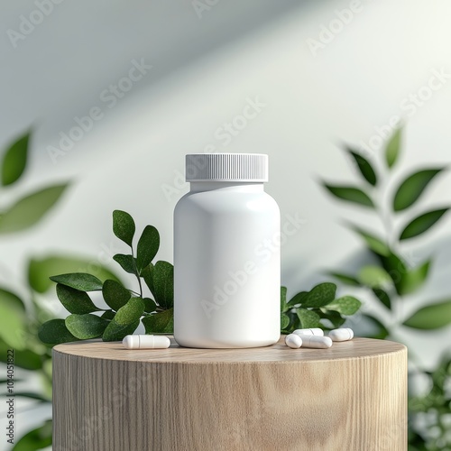 White plastic bottle with pills and green leaves on wooden stand. 3d rendering