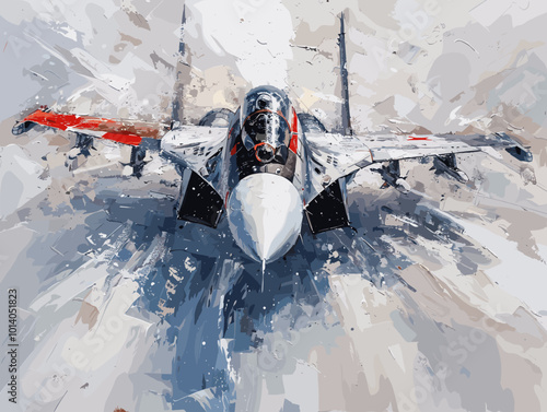 Military fighter jet on the background of an oil painting. Illustration