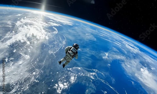 Spacewalk outside a space station with Earth in the background. Video