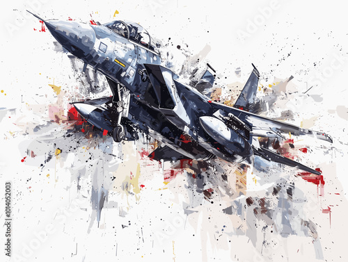 Military fighter jet on the background of an oil painting. Illustration