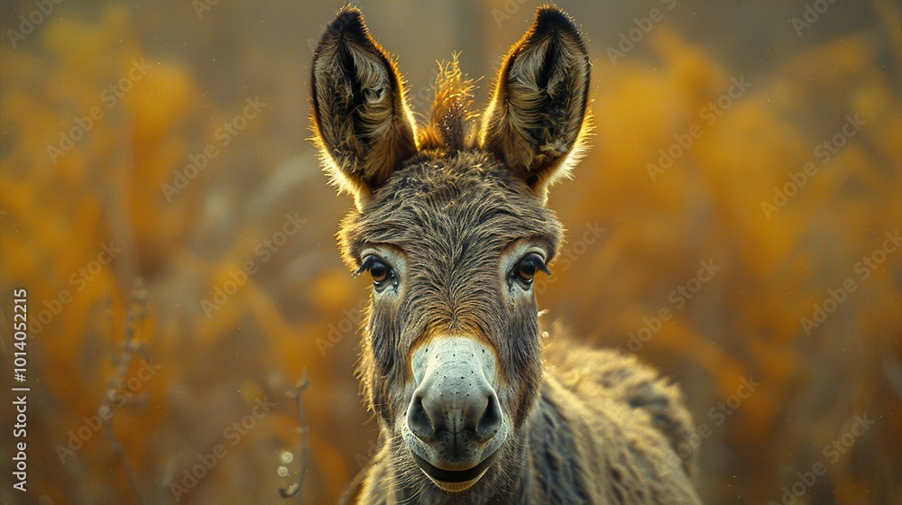 Close Up Portrait of a Cute Donkey in a Golden Field Close Up Portrait of a Cute Donkey in a Golden Field