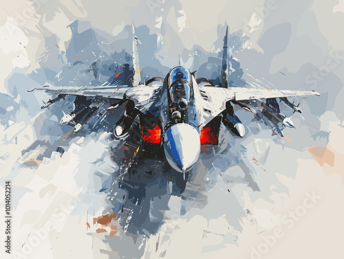 Military fighter jet on the background of an oil painting. Illustration