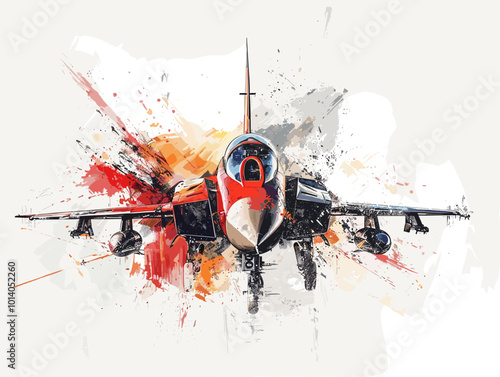 Military fighter jet on the background of an oil painting. Illustration