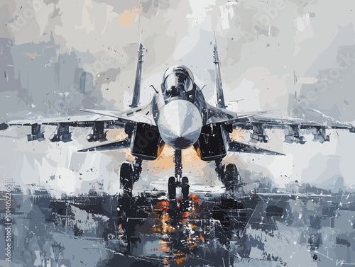 Military fighter jet on the background of an oil painting. Illustration