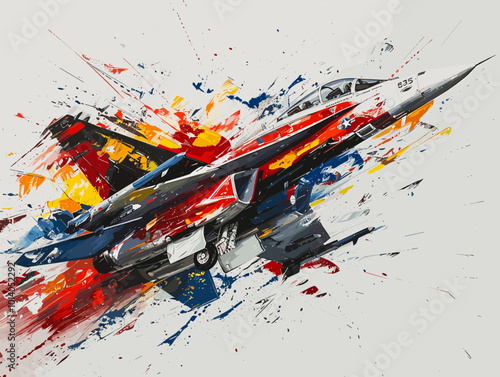 Military fighter jet on the background of an oil painting. Illustration