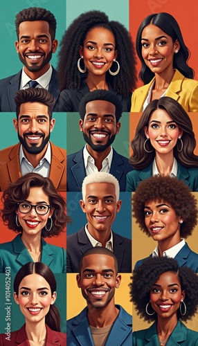 Vibrant collage of diverse professionals smiling, showcasing a variety of hairstyles and attire. Perfect for business, diversity, and inclusion themes.