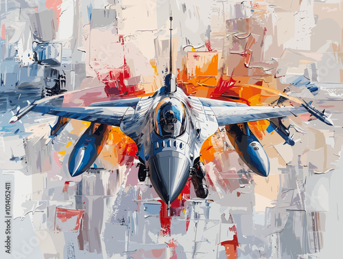 Military fighter jet on the background of an oil painting. Illustration