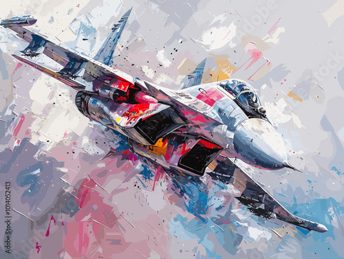 Military fighter jet on the background of an oil painting. Illustration