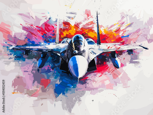 Military fighter jet on the background of an oil painting. Illustration
