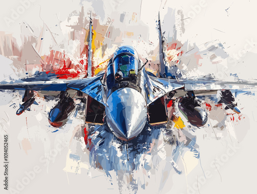Military fighter jet on the background of an oil painting. Illustration