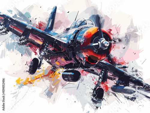 Military fighter jet on the background of an oil painting. Illustration