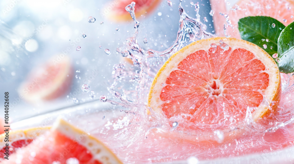 Fresh grapefruit slices splash in crystal-clear water, creating dynamic ripples and droplets evoking a refreshing summer vibe Fresh grapefruit slices splash in crystal-clear water, creating dynamic ripples and droplets evoking a refreshing summer vibe