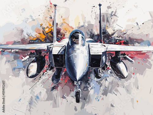 Military fighter jet on the background of an oil painting. Illustration