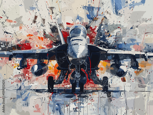 Military fighter jet on the background of an oil painting. Illustration
