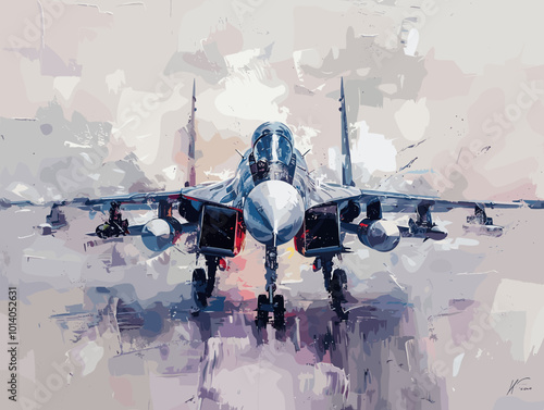 Military fighter jet on the background of an oil painting. Illustration