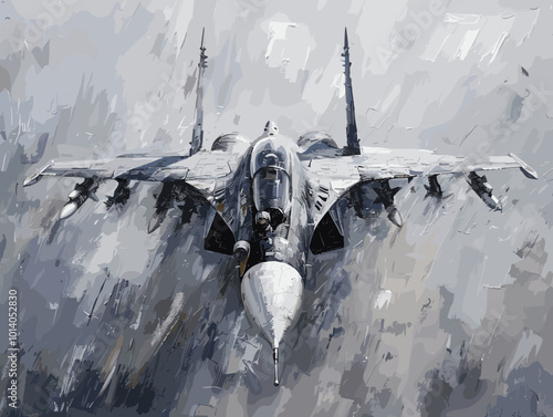 Military fighter jet on the background of an oil painting. Illustration
