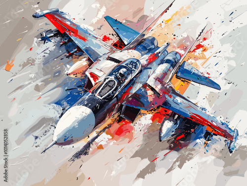 A colorful jet is flying through the sky. The colors are bright and vibrant, giving the image a sense of energy and excitement. The jet is the main focus of the painting, with its wings