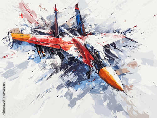 A colorful jet is flying through the sky. The colors are bright and vibrant, giving the image a sense of energy and excitement. The jet is the main focus of the painting, with its wings
