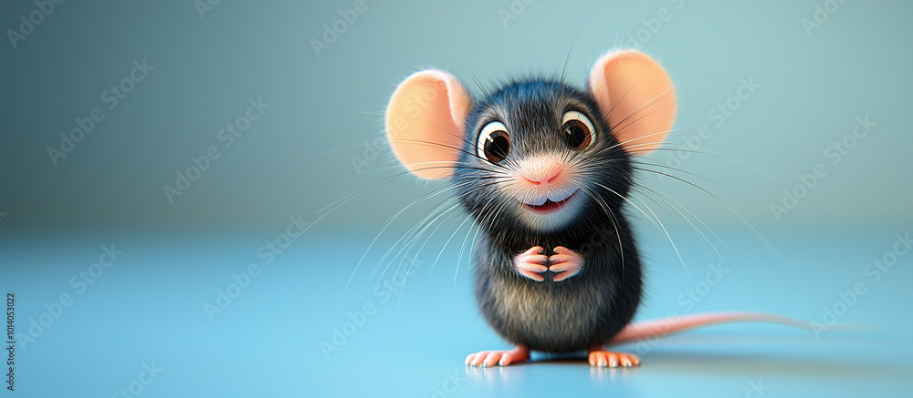 Cute cartoon mouse smiling and waiting on blue background Cute cartoon mouse smiling and waiting on blue background