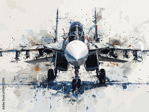 A colorful jet is flying through the sky. The colors are bright and vibrant, giving the image a sense of energy and excitement. The jet is the main focus of the painting, with its wings