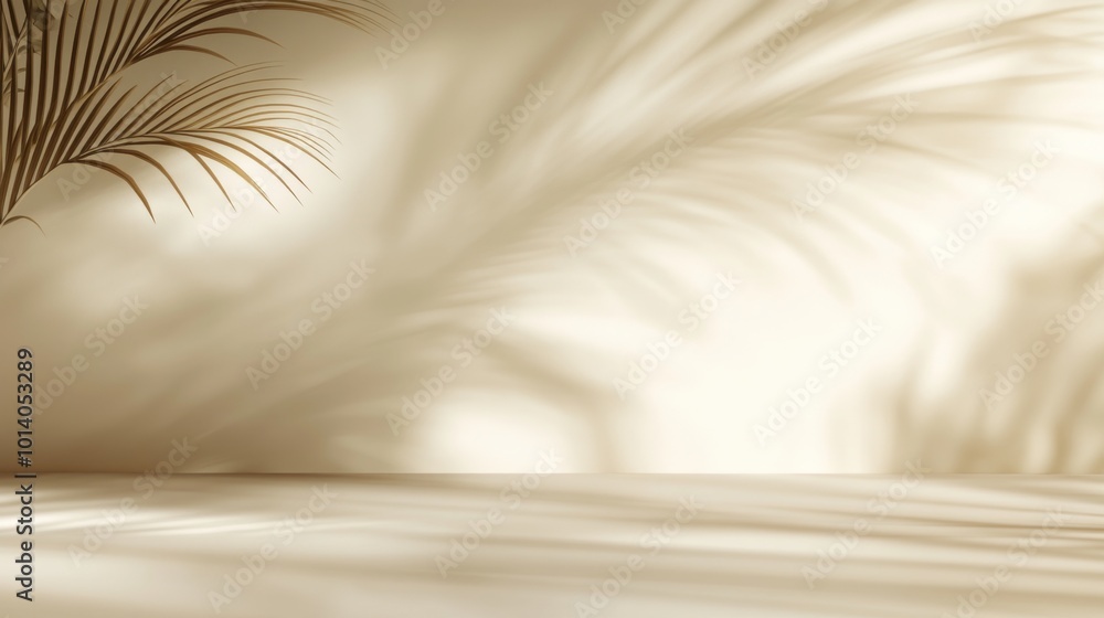 Obraz premium Elegant Minimalist Background Featuring Light Beige Tones and Subtle Shadows, with a Blurred Palm Leaf Silhouette in the Upper Left Corner Against a White Wall, Perfect for Design and Presentation Use
