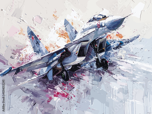 A colorful jet is flying through the sky. The colors are bright and vibrant, giving the image a sense of energy and excitement. The jet is the main focus of the painting, with its wings