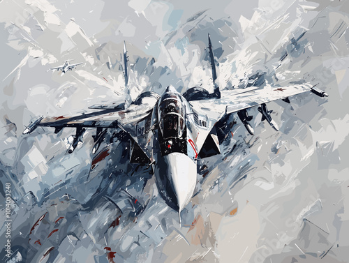A colorful jet is flying through the sky. The colors are bright and vibrant, giving the image a sense of energy and excitement. The jet is the main focus of the painting, with its wings