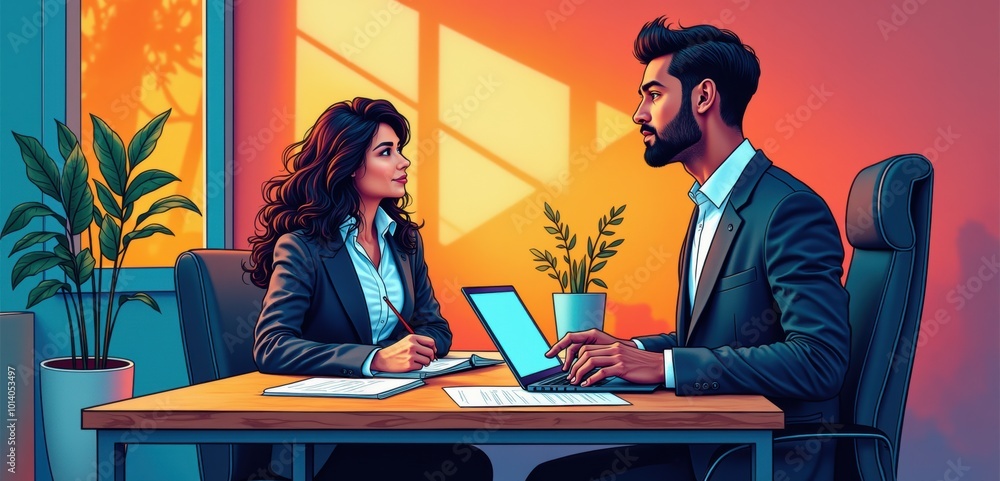 A professional business meeting between a woman and a man, discussing ideas at a desk with a laptop, set in a modern office with a vibrant atmosphere. A professional business meeting between a woman and a man, discussing ideas at a desk with a laptop, set in a modern office with a vibrant atmosphere.