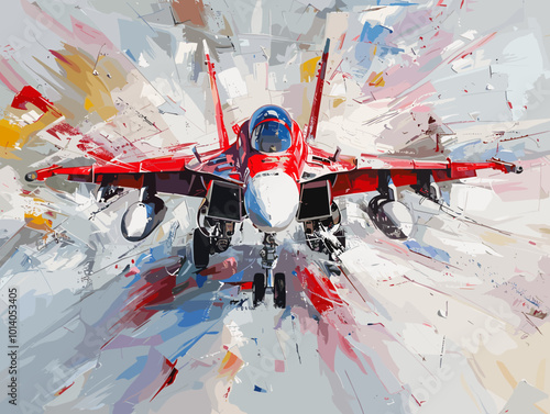 A colorful jet is flying through the sky. The colors are bright and vibrant, giving the image a sense of energy and excitement. The jet is the main focus of the painting, with its wings