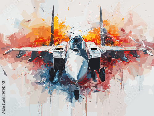 A colorful jet is flying through the sky. The colors are bright and vibrant, giving the image a sense of energy and excitement. The jet is the main focus of the painting, with its wings
