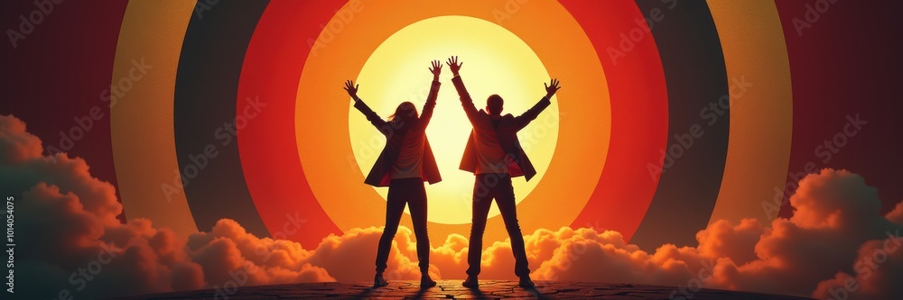Two silhouetted figures stand with arms raised against a vibrant sunset background, symbolizing freedom, joy, and inspiration. Two silhouetted figures stand with arms raised against a vibrant sunset background, symbolizing freedom, joy, and inspiration.