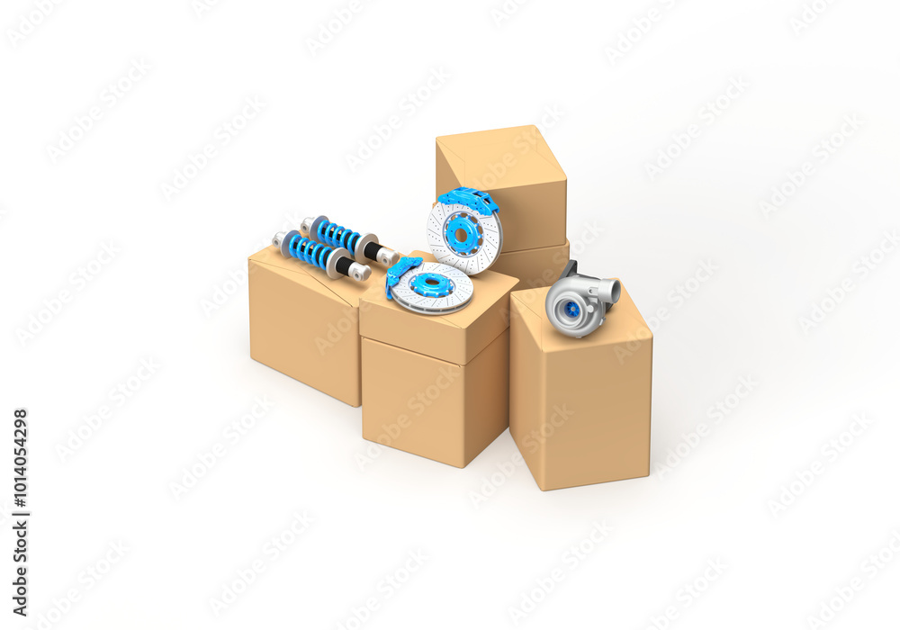 Obraz premium Car parts and boxes. Turbine, brake discs, brake caliper, stabilizer bars, springs with blue elements. 3d render on the topic of auto parts, car service, car shop and tuning. Transparent background.