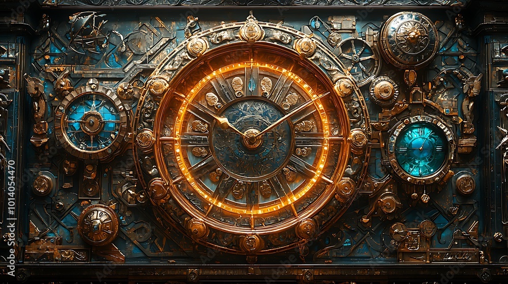 Obraz premium Cosmic clock with the Ten Sefirot as its hands and numbers each emitting light and energy representing the cycles of time and creation in Kabbalah