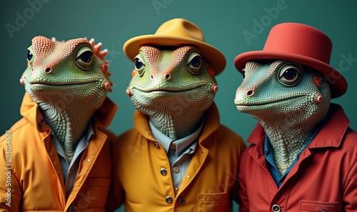 Quirky and whimsical, three dressed frogs exude charm and individuality. Perfect for creative projects, marketing campaigns, and playful branding.