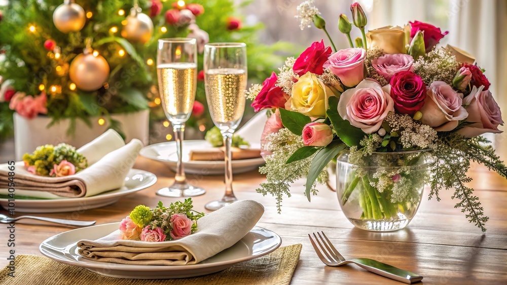 Festive New Year\'s Day table setting with elegant napkins and a beautiful floral arrangement Festive New Year\'s Day table setting with elegant napkins and a beautiful floral arrangement