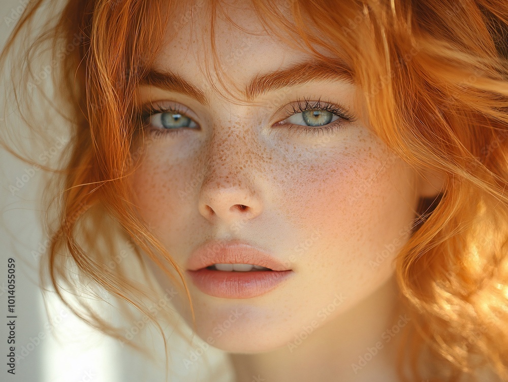 Close-up portrait of a young woman with red hair and freckles, looking at the camera. Close-up portrait of a young woman with red hair and freckles, looking at the camera.