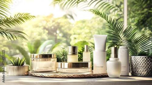 A beautifully arranged showcase of skincare, spa, beauty, and perfume products, highlighting a variety of elegant bottles, creams, and lotions photo