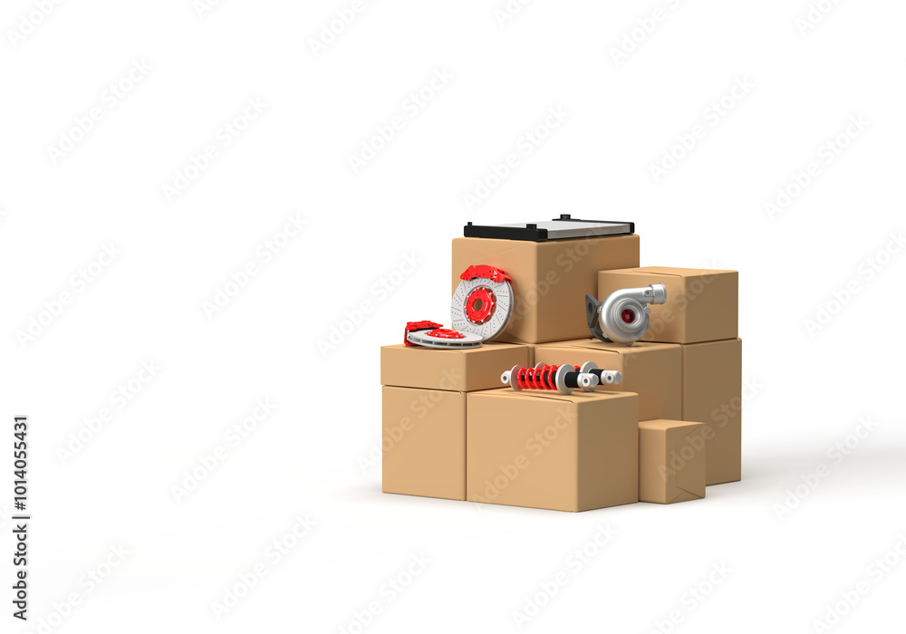 Obraz premium Car parts and boxes. Turbine, brake discs, brake caliper, stabilizer bars, springs, radiator with red elements. 3d render on the topic of auto parts, car service, car shop. Transparent background.