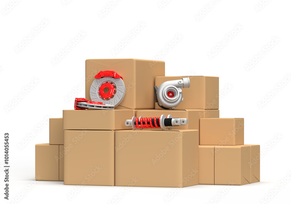 Obraz premium Car parts and boxes. Turbine, brake discs, brake caliper, stabilizer bars, springs with red elements. 3d render on the topic of auto parts, car service, car shop and tuning. Transparent background.