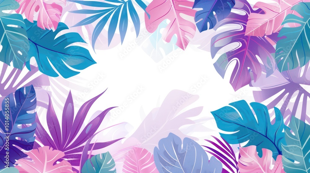 A vibrant tropical leaf frame with a blank center, perfect for invitations or backgrounds. A vibrant tropical leaf frame with a blank center, perfect for invitations or backgrounds.