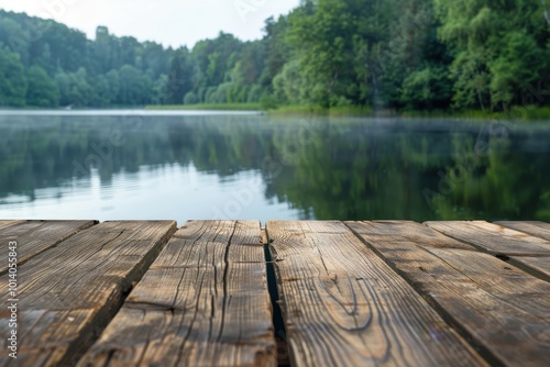 Fototapeta Naklejka Na Ścianę i Meble -  A wooden dock overlooking a lake with a misty atmosphere, generative ai image
