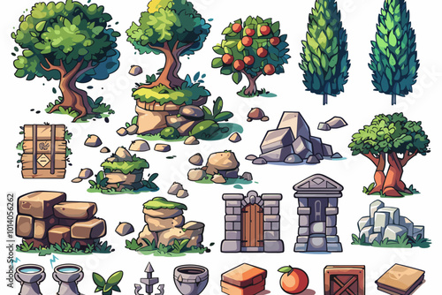 A collection of various elements such as trees, rocks, and buildings. Scene is peaceful and serene, with the trees and rocks creating a natural and calming atmosphere. For video games