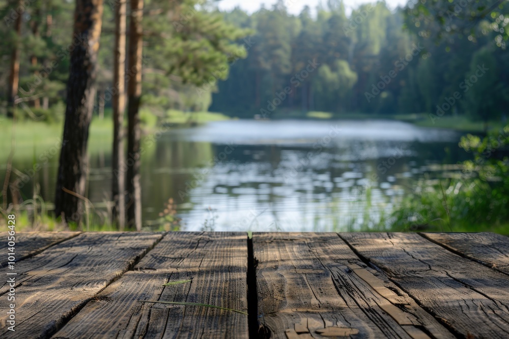 A wooden dock overlooking a lake with a misty atmosphere, generative ai image A wooden dock overlooking a lake with a misty atmosphere, generative ai image