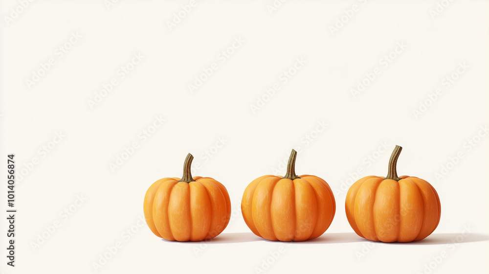 Three Halloween pumpkins arranged in a row on a white background, featuring carved faces and vibrant orange color, creating a simple yet festive and spooky atmosphere. Three Halloween pumpkins arranged in a row on a white background, featuring carved faces and vibrant orange color, creating a simple yet festive and spooky atmosphere.