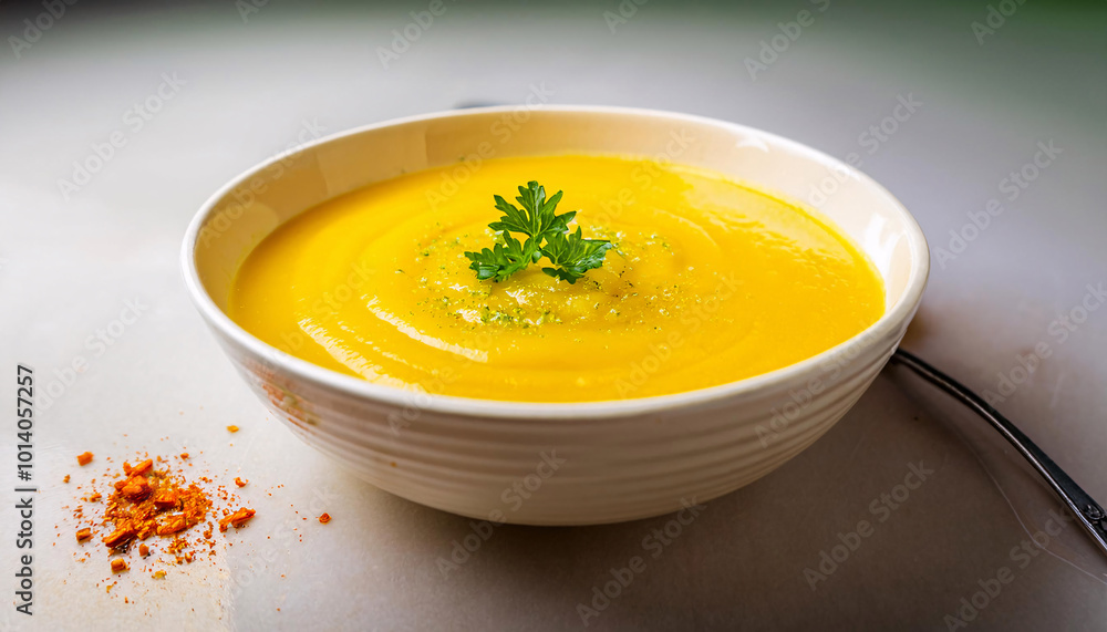 Vibrant orange soup in a bowl with a spoon, garnished with parsley Vibrant orange soup in a bowl with a spoon, garnished with parsley