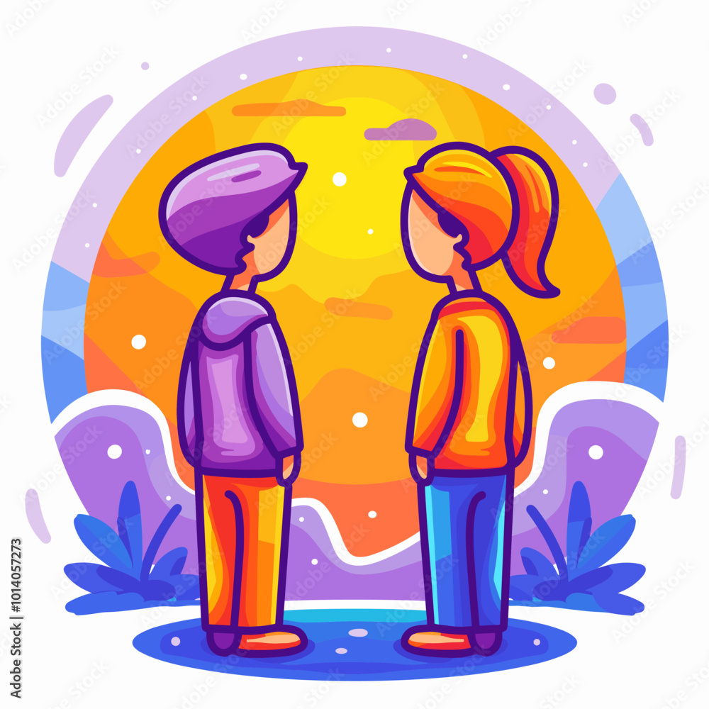 Human relation concept vector. Two people standing next to each other, one wearing a purple jacket Human relation concept vector. Two people standing next to each other, one wearing a purple jacket