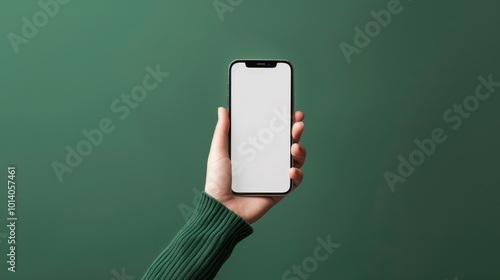 A hand holding a smartphone with a blank screen against a green background.