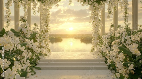 Ethereal Sunset Wedding Altar with Cascading Flowers: Ray Tracing Concept Art photo