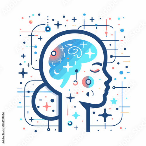 A woman's head with a blue brain and stars surrounding it. The stars are scattered all over the image, and the woman's face is surrounded by them. Concept of wonder and curiosity
