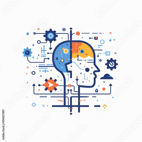 A brain with a lot of gears and wires coming out of it. The brain is split in half